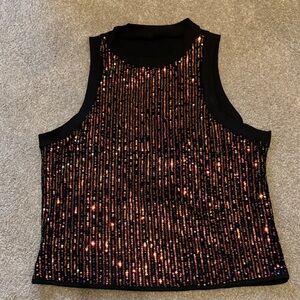 Sequin Embellished Black Tank Top - Sparkling Copper Accents